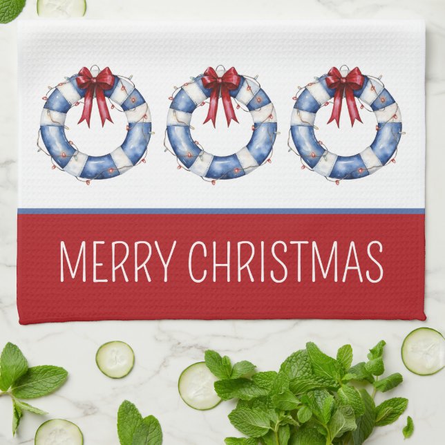 Linge De Cuisine Nautical Christmas Life Preservers With Bows (Plié)