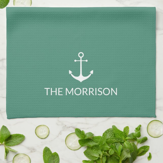 Linge De Cuisine Nautical Custom Boat Name ancre blanche aquamarine (Plié)