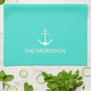 Linge De Cuisine Nautical Custom Boat Name ancre blanche turquoise