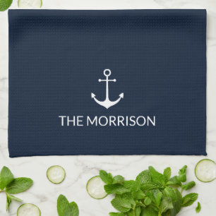 Linge De Cuisine Nautical Custom Boat Name blanc ancre sombre marin