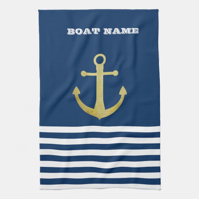 Linge De Cuisine Nautical, Gold Anchor Navy Blue Striped (Vertical)