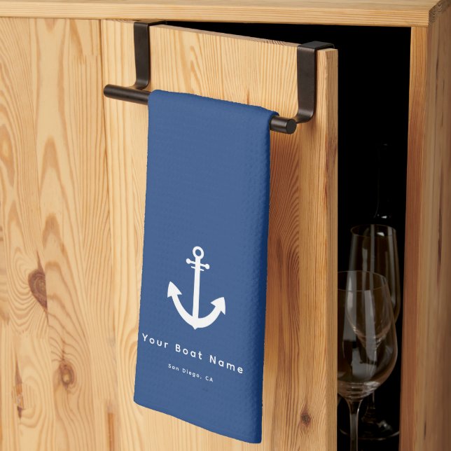Linge De Cuisine Nautical Navy Blue Custom Boat Nom Ancre (Pliage en tiers)