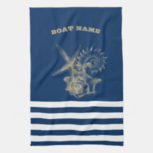Linge De Cuisine Nautique, Coquillages dorés Rayures bleu marine