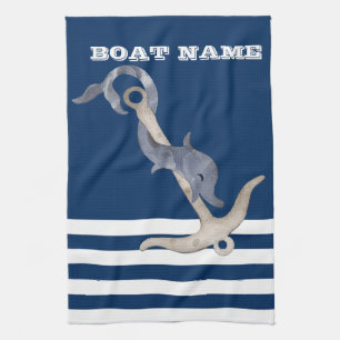 Linge De Cuisine Nautique, Dauphin d'ancre bleu marine rayé