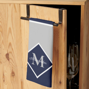 Linge De Cuisine Nautique moderne Marine bleu gris Monogramme Cuisi