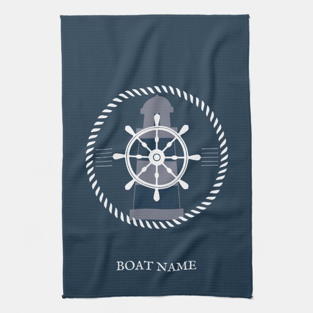 Linge De Cuisine Nautique personnalisé Nom de bateau Marine Bleu (Vertical)