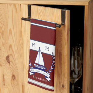 Linge De Cuisine Nautique rouille Rouge Marine Bleu Voilier Monogra