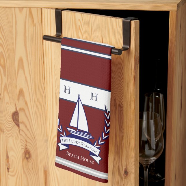 Linge De Cuisine Nautique rouille Rouge Marine Bleu Voilier Monogra (Pliage en tiers)