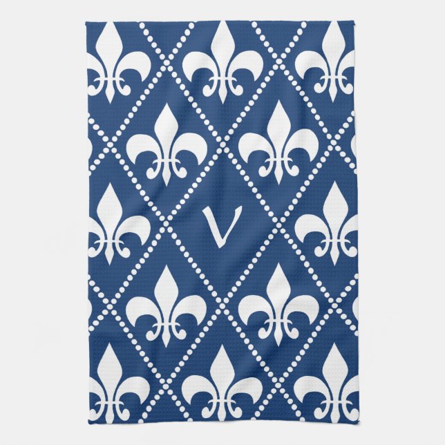 Linge De Cuisine Navy Fleur de Lis avec monogramme initial (Vertical)