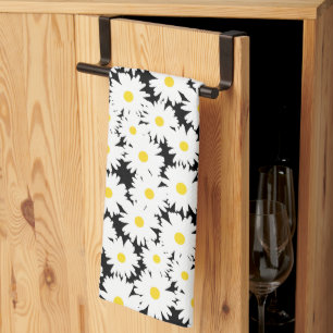 Linge De Cuisine Négative Space Daisies blanc jaune sur noir
