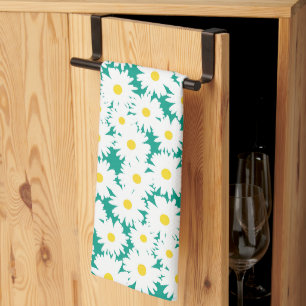 Linge De Cuisine Négative Space Daisies blanc jaune sur vert