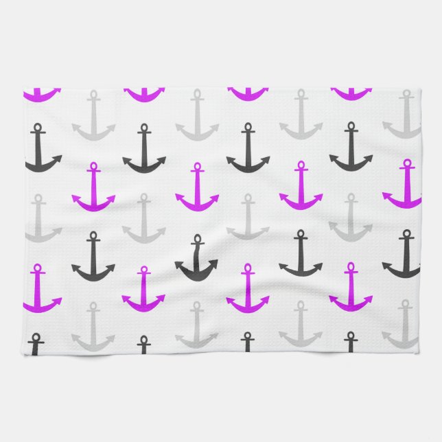 Linge De Cuisine Neon Purple, Grey, Ancres; Nautique (Horizontal)