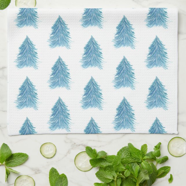 Linge De Cuisine Noël Arbre bleu Aquarelle Motif (Plié)