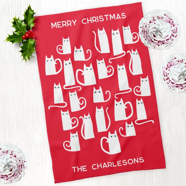 Linge De Cuisine Noël Chats blancs Nom personnalisé (Fun personalized text Christmas kitty cat red and white kitchen tea towel)