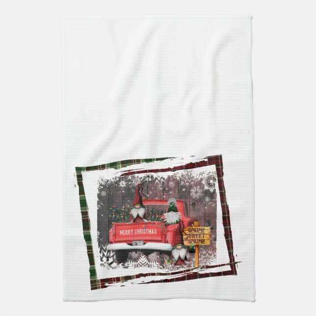 Linge De Cuisine Noël Gnome Sweet Gnome Camion Rouge Plaid Rustique (Vertical)