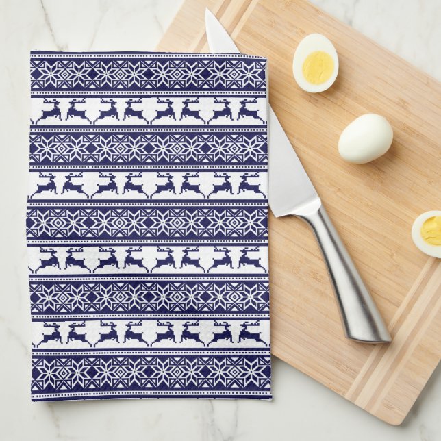 Linge De Cuisine Noël, le bleu et le blanc scandinave (Quart Plié)
