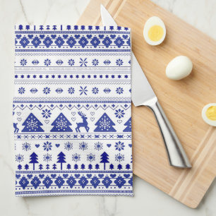 Linge De Cuisine Noël nordique scandinave bleu et blanc