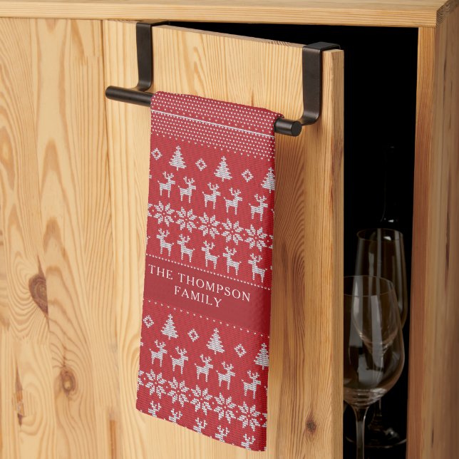 Linge De Cuisine Noël nostalgique du Monogramme de rennes rouges ré (Pliage en tiers)