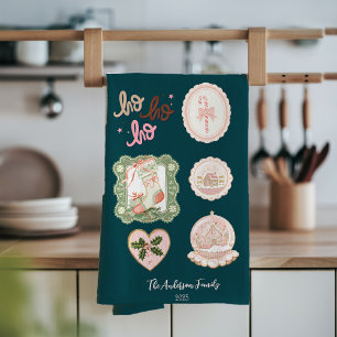 Linge De Cuisine Noël Rose Vert Rétro