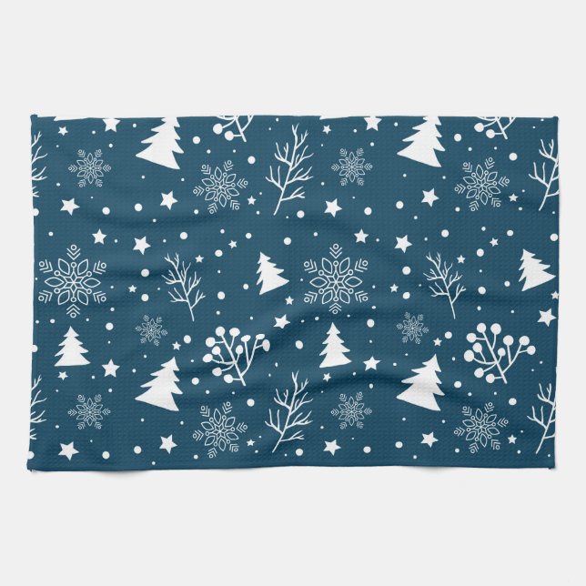 Linge De Cuisine Noël Snowflakes Xmas Tree Motif (Horizontal)