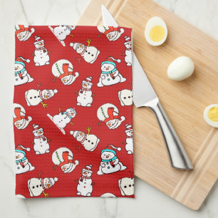 Linge De Cuisine Noël Snowman Motif Rouge
