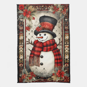 Linge De Cuisine Noël Snowman Plaid Scarf Fleurs rouges