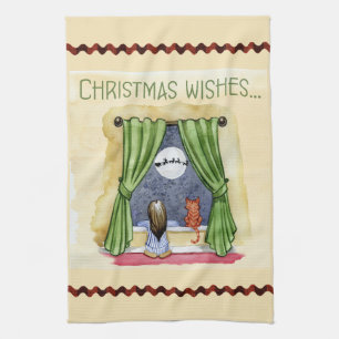 Linge De Cuisine Noël Souhaite Mignonne Enfant & Kitty Chat Noël