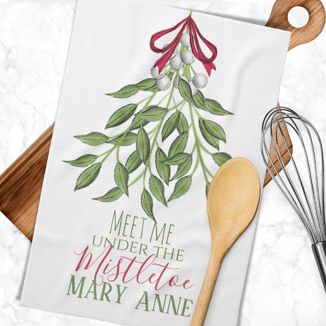 Linge De Cuisine Noël Vacances mignonne Whimsic Mistletoe Amusant (Meet me under the mistletoe custom kitchen towel. )