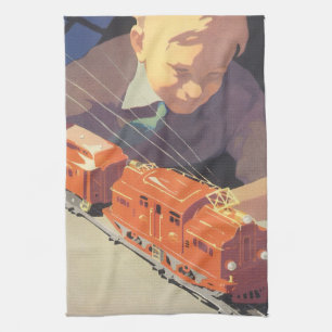 Linge De Cuisine Noël Vintage, Garçon Jouant avec des Toys Trains