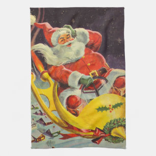 Linge De Cuisine Noël vintage, le Père Noël dans un vaisseau spatia