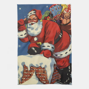Linge De Cuisine Noël vintage, le Père Noël descend Chimney avec jo