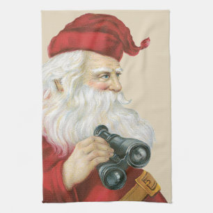 Linge De Cuisine Noël vintage, Père Noël avec jumelles