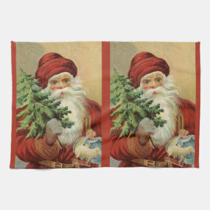 Linge De Cuisine Noël vintage, Père Noël victorien avec arbre