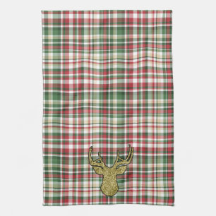 Linge De Cuisine Noël XMAS Plaid Tartan Gold Deer Kitchen Towe