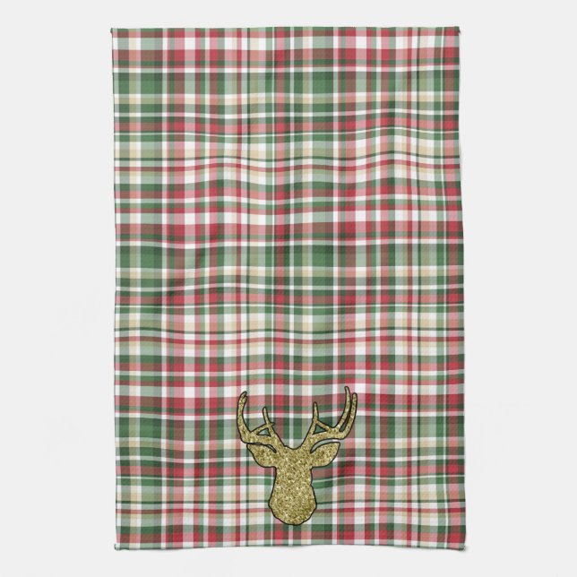 Linge De Cuisine Noël XMAS Plaid Tartan Gold Deer Kitchen Towe (Vertical)