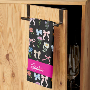 Linge De Cuisine Nœud Chic Rose Noir Motif Floral Élégance