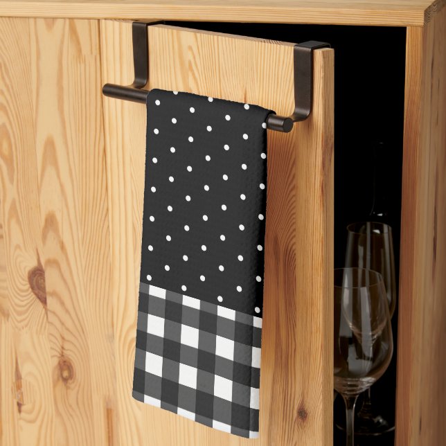 Linge De Cuisine Noir Blanc Buffalo Plaid Pointe Polka (Pliage en tiers)