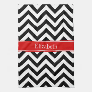 Linge De Cuisine Noir Blanc LG Chevron Rouge Nom Monogramme
