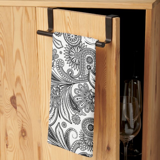 Linge De Cuisine Noir et blanc à motifs cachemire (Pliage en tiers)
