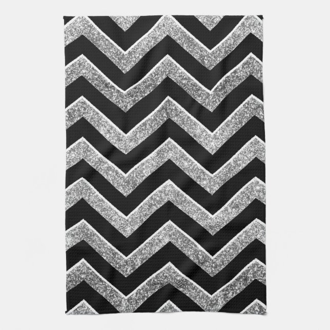 Linge De Cuisine Noir et chevron scintillant d'argent (Vertical)