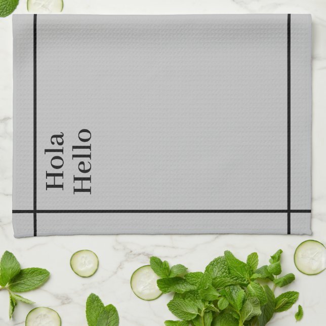 Linge De Cuisine Noir et gris bilingues Hola-Hello, espagnol-anglai (Plié)