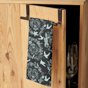 Linge De Cuisine Noir et vert menthe floral et oiseaux