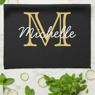 Linge De Cuisine Noir moderne Nom personnalisé Monogramme