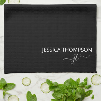 Linge De Cuisine Noir moderne Simple Script Girl Monogramme Nom
