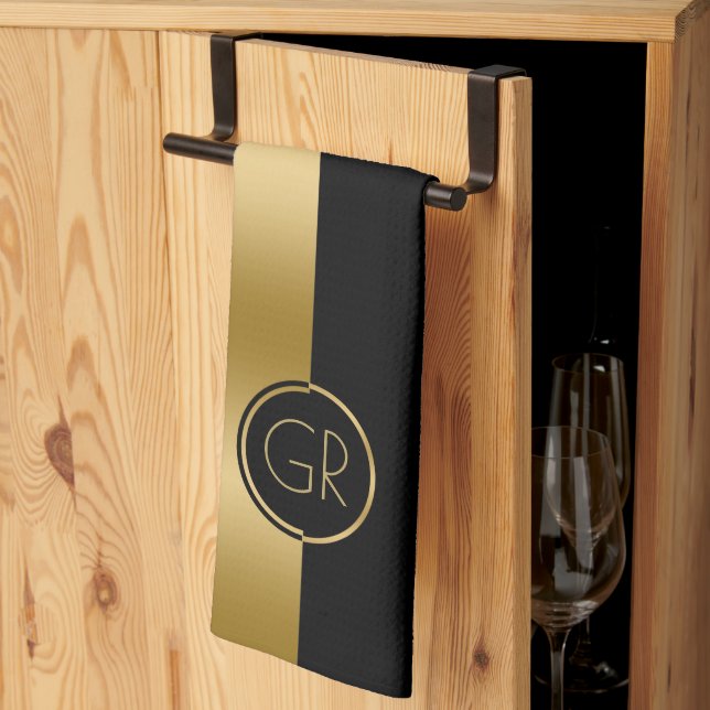 Linge De Cuisine Noir & Or Simple Géométrique Design 2 (Pliage en tiers)