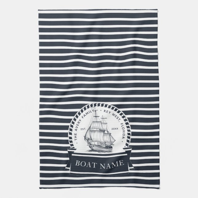 Linge De Cuisine Nom de bateau bleu marine moderne Personnalisé (Vertical)