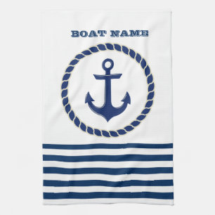 Linge De Cuisine Nom de bateau nautique, ancre rayée bleu marine