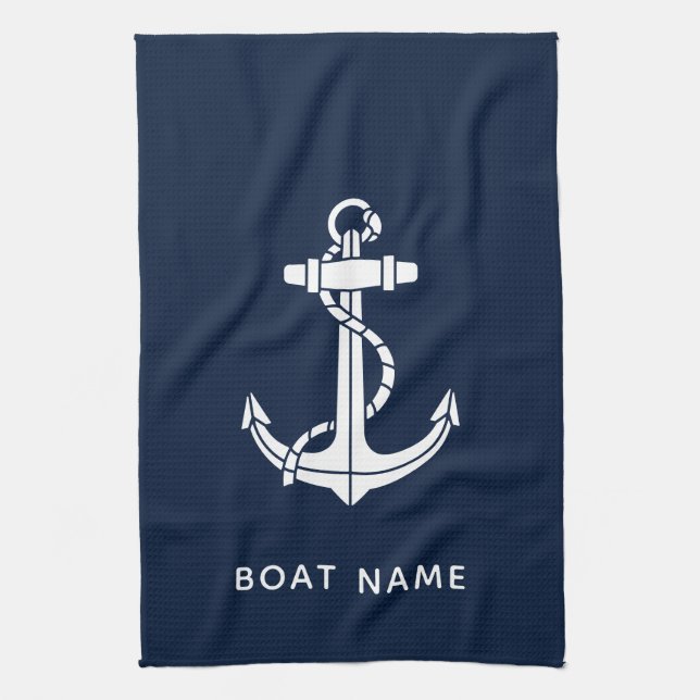 Linge De Cuisine Nom de bateau personnalisé ancre bleu marine nauti (Vertical)