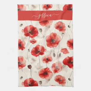 Linge De Cuisine Nom de coquelicots rouges chic en écriture cursive