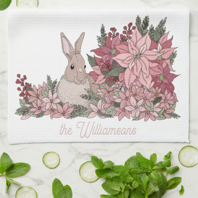 Linge De Cuisine Nom de famille Fleurs roses et lapin Noël (Plié)
